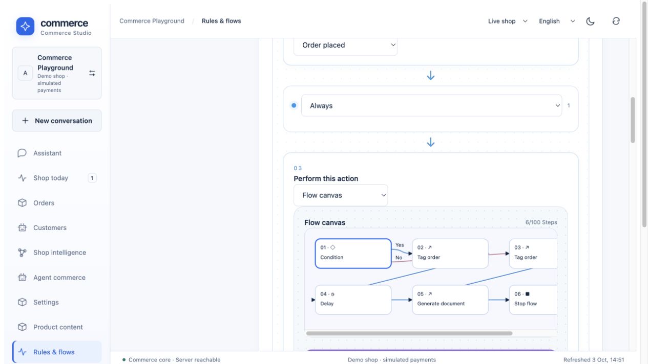 Installed six-step playground flow: condition, two tag branches, delay, invoice and stop