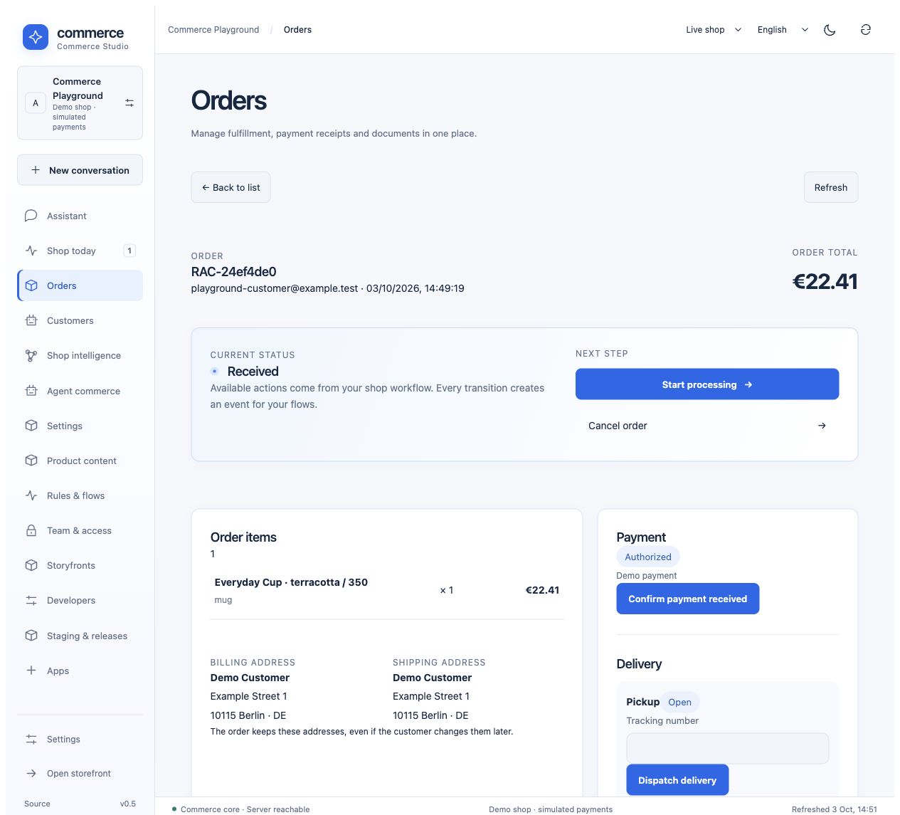 Actual order detail after applying TRY10 and completing simulated checkout