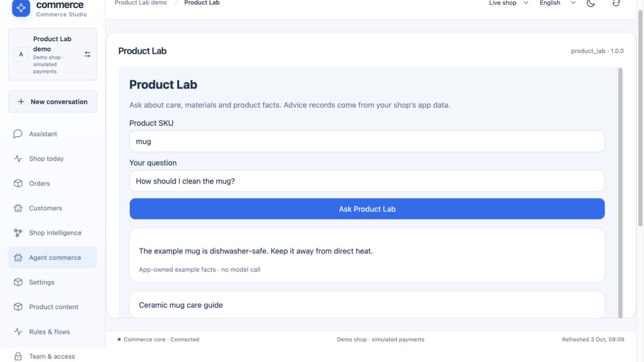 Actual Product Lab app-owned admin surface from its dated local example