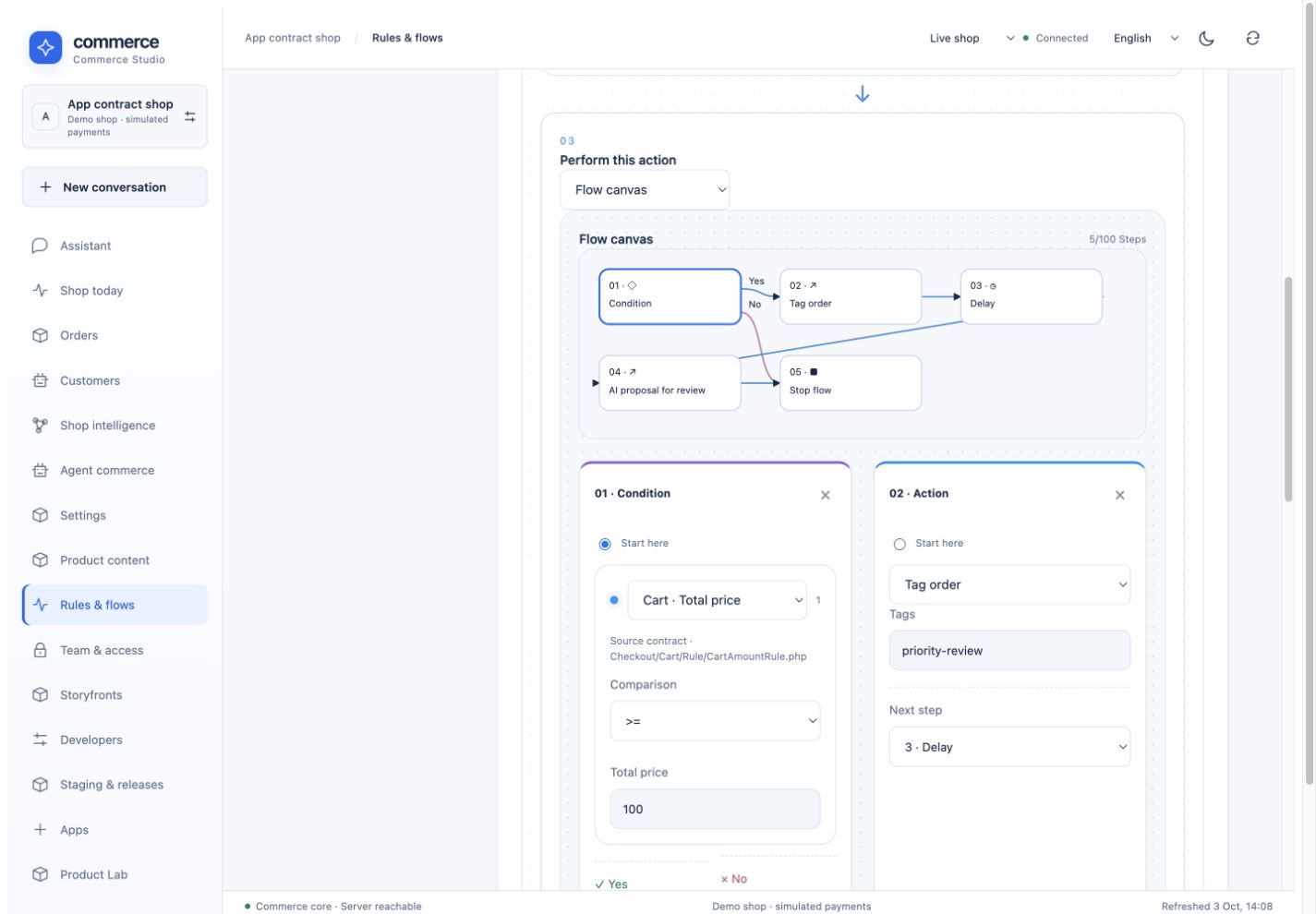 Native connected flow editor with a reviewable AI action