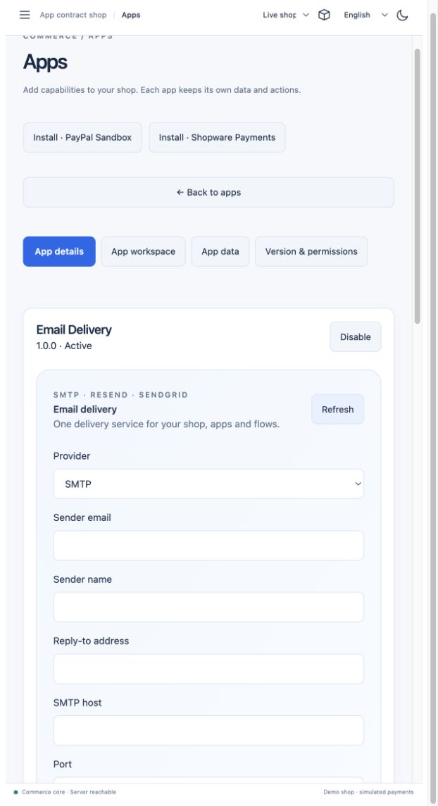 English Email Delivery app with transport and sender settings