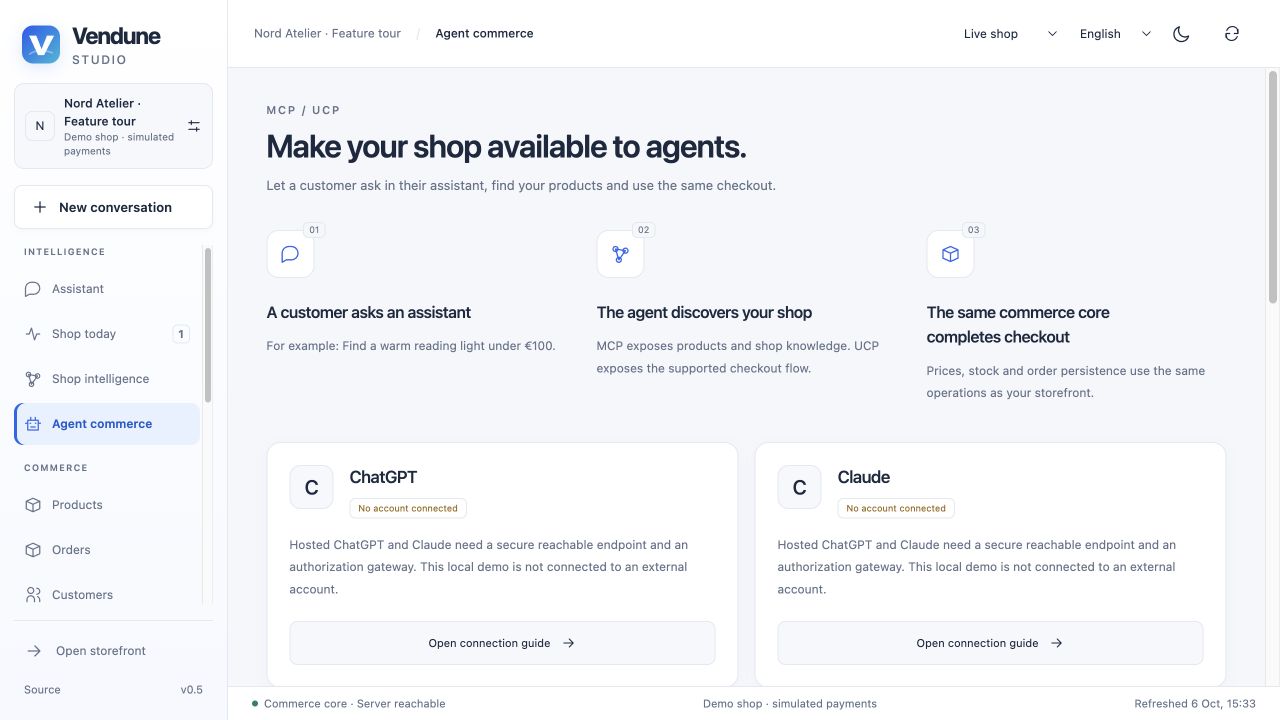 Agent commerce distinguishes the shopping path, real adapter counters and client setup