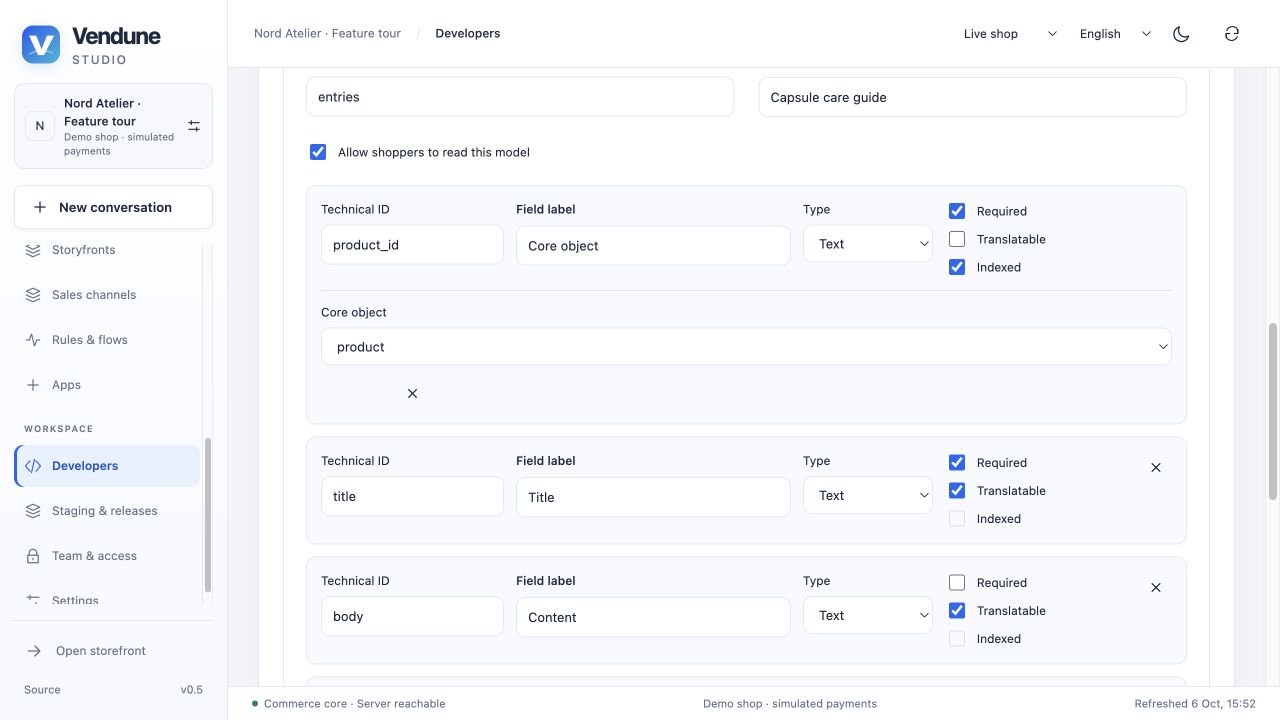 Typed entries model with reference, translated fields and choice values