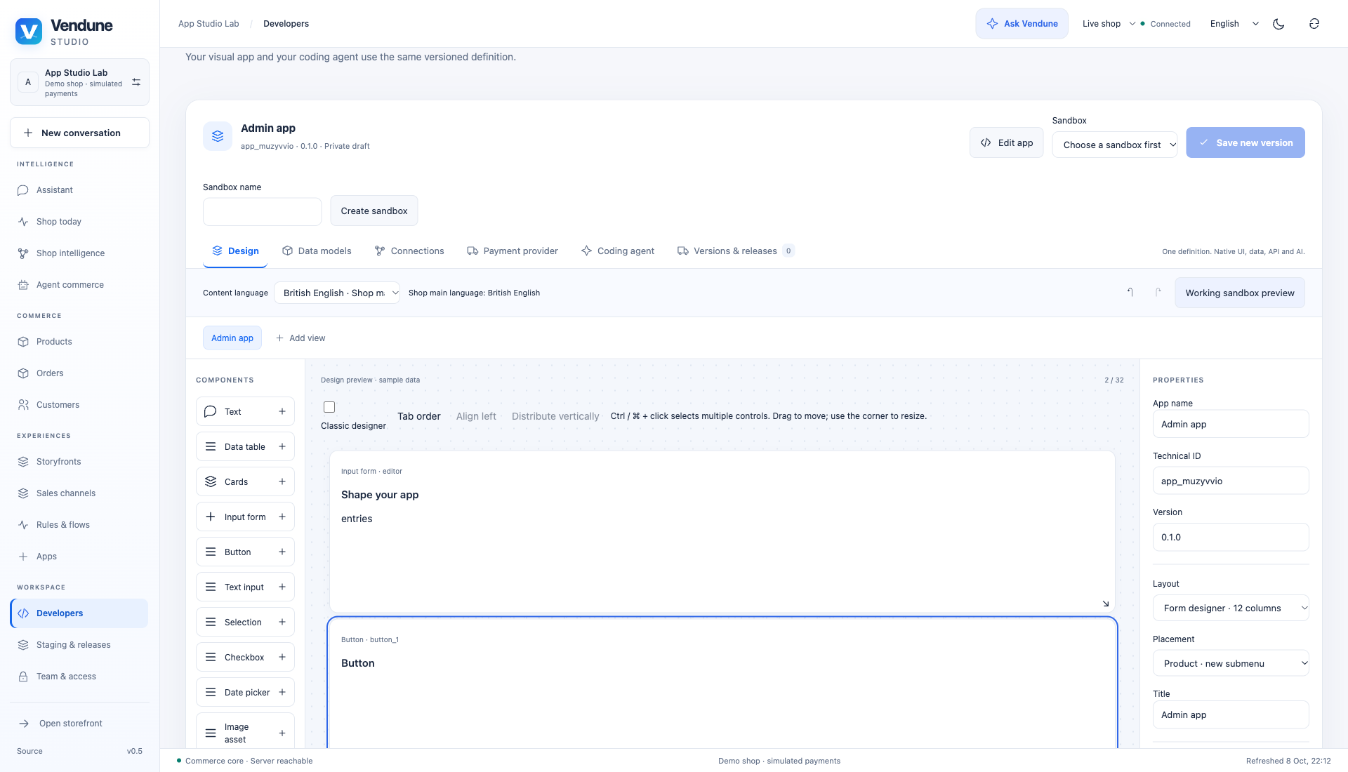 Native form designer with snapping geometry and property inspector, captured 8 October
