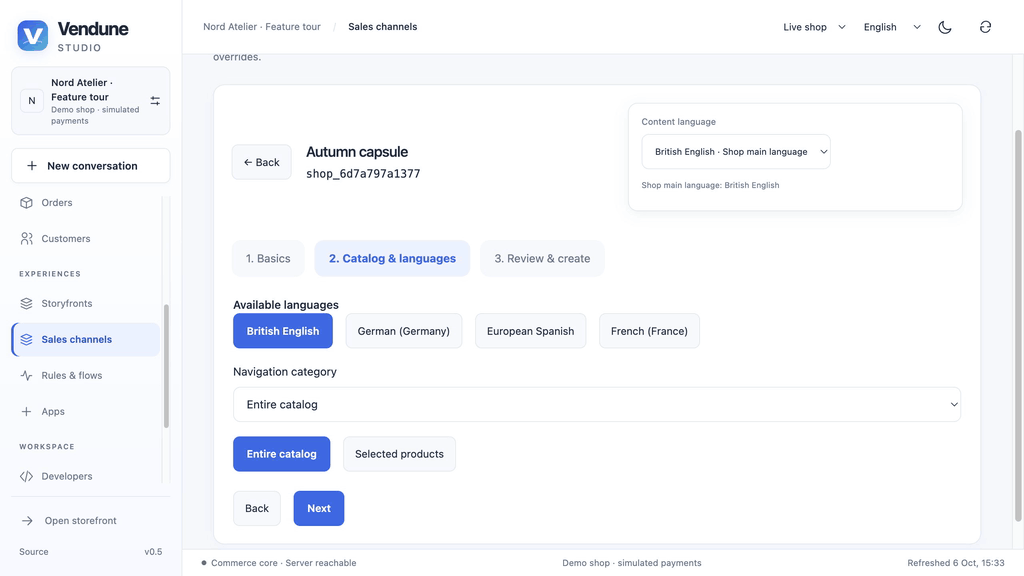 Choose channel languages and catalog root, then review the new storefront