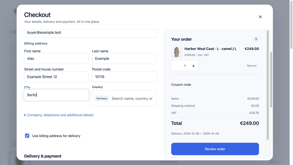 Choose delivery, review the server total and save a simulated order