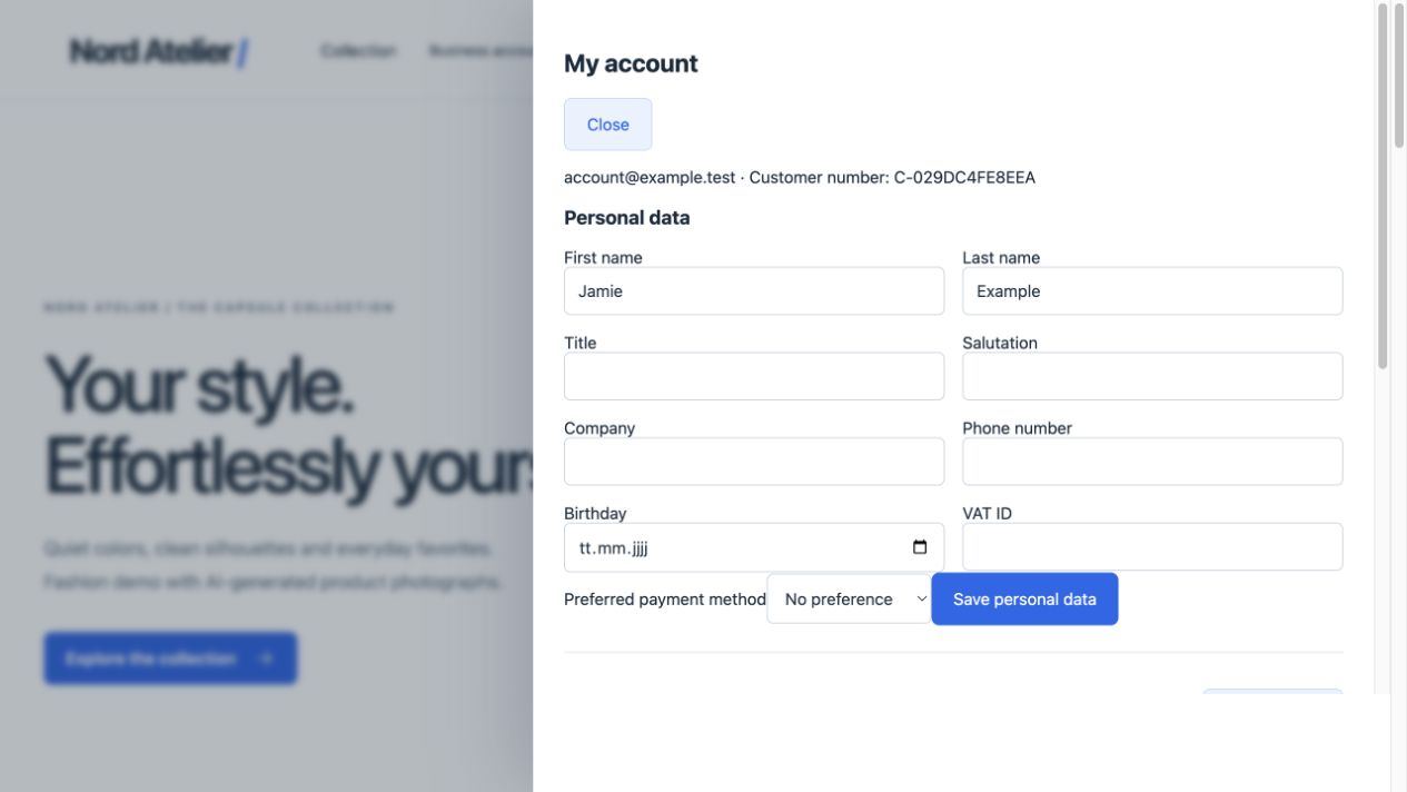 Separate customer account with personal data and a saved address