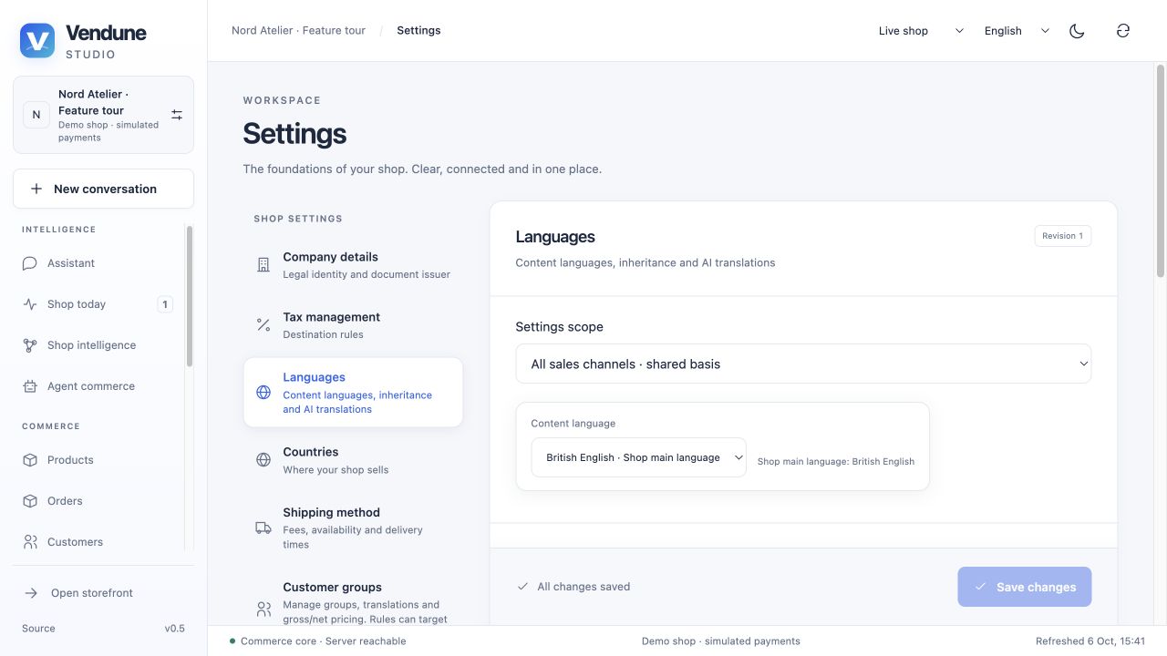 Languages, main-language control and optional reviewed translation jobs