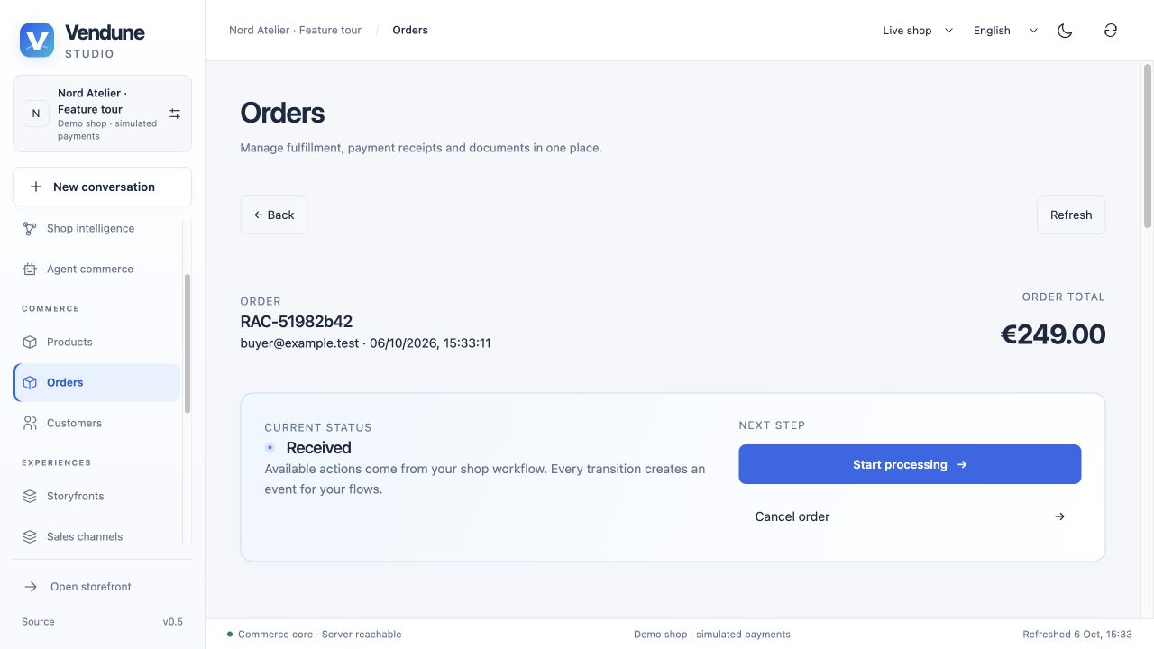 Actual saved coat order with eligible next actions, payment and immutable addresses