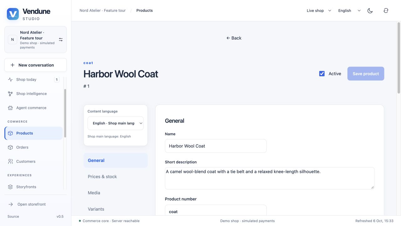 Recorded central product editor with one content-language selector; the current release also adds Safety & compliance