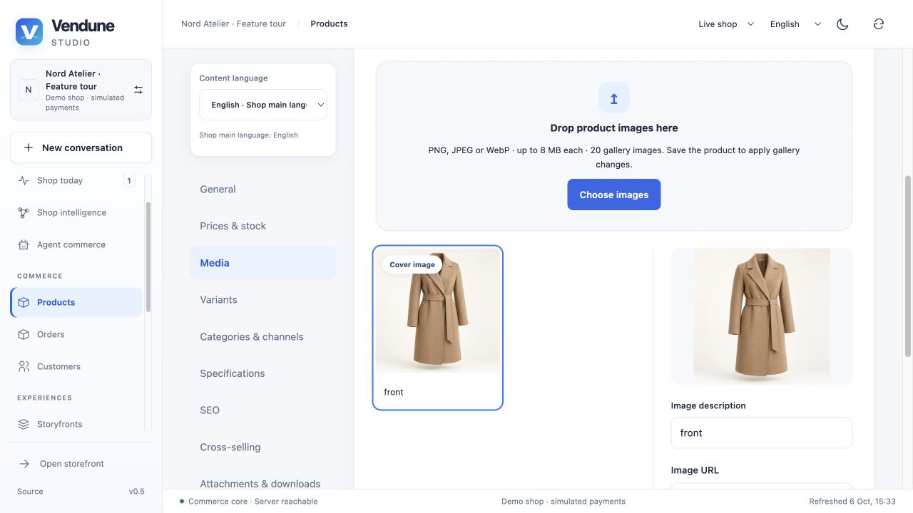 Real saved coat gallery, cover controls and optional AI image workspace