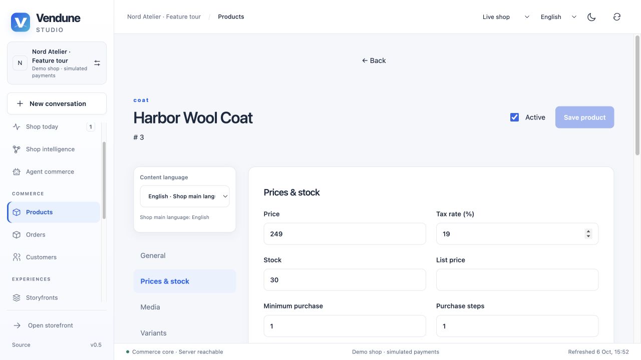 Price, tax, stock and quantity controls in the actual coat editor