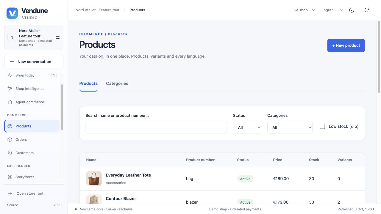 Search, status/category filters, actual prices, inventory and child-variant counts