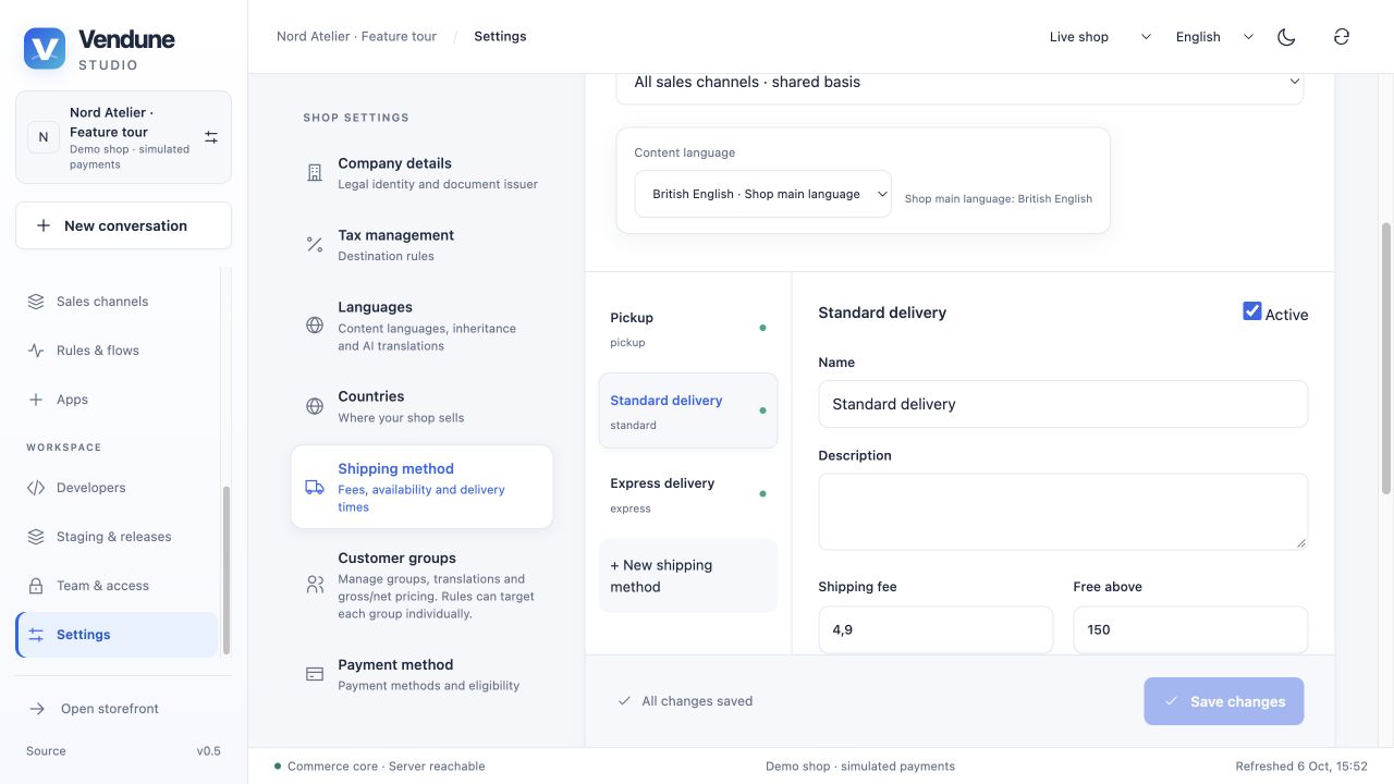 Shipping methods with current fees, scope and availability controls