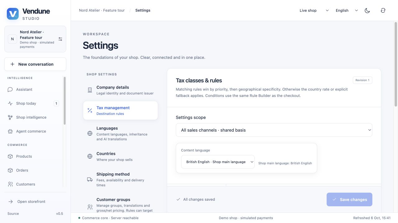 Native tax classes and destination-rule workspace