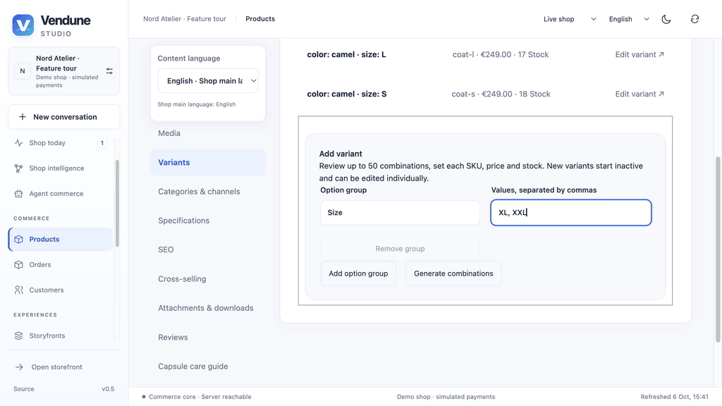Generate two size combinations and inspect their proposed product numbers, prices and stock