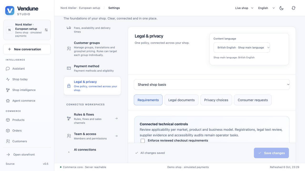 Live Studio legal/privacy workspace in an isolated demo shop