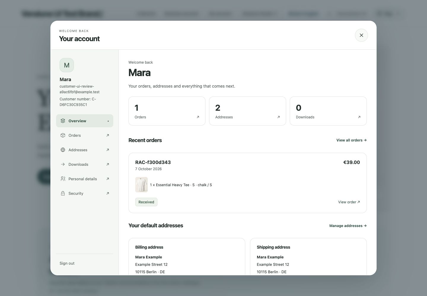 Customer account — actual orders, default addresses and purchased downloads