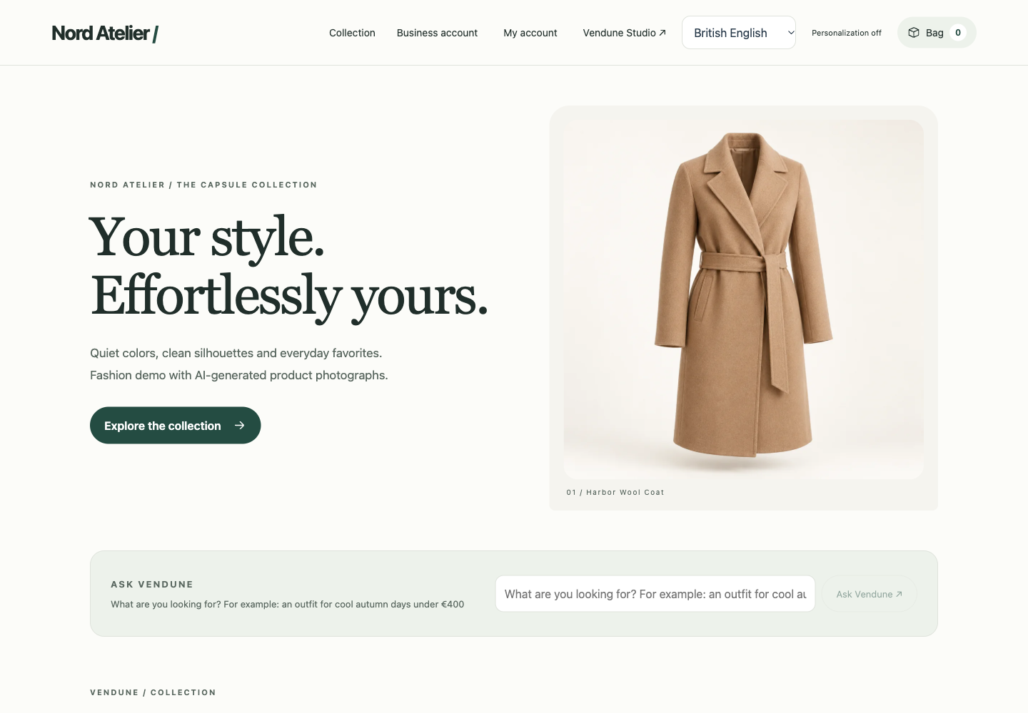 Current Nord Atelier fashion storefront running on the Vendune commerce core