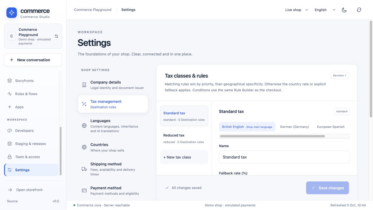 Tax classes and destination configuration
